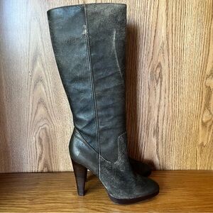 Frye Harlow Campus Charcoal Leather Knee High Heeled Boots 10